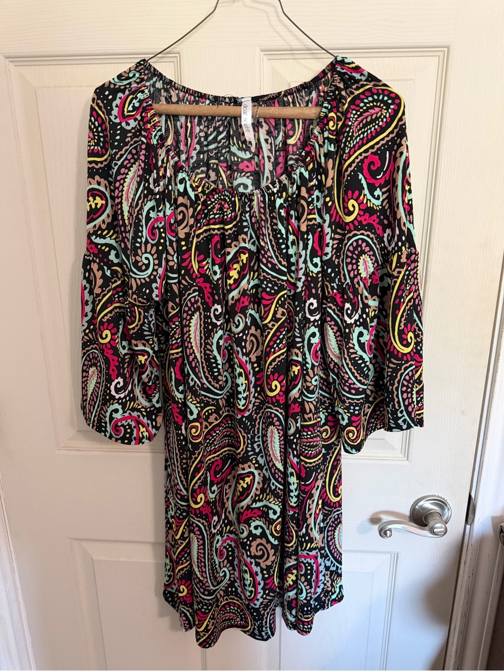 Dear Scarlett Women’s Paisley Peasant Dress - Black with Pink & Aqua Accents